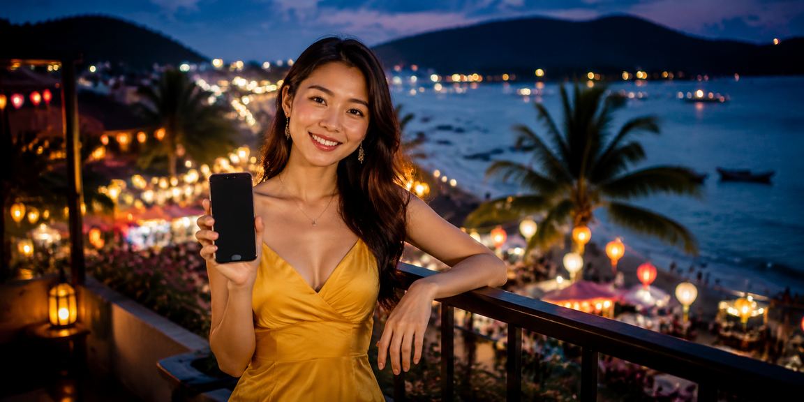Người dùng trải nghiệm casino trên điện thoại tại Phú Quốc về đêm