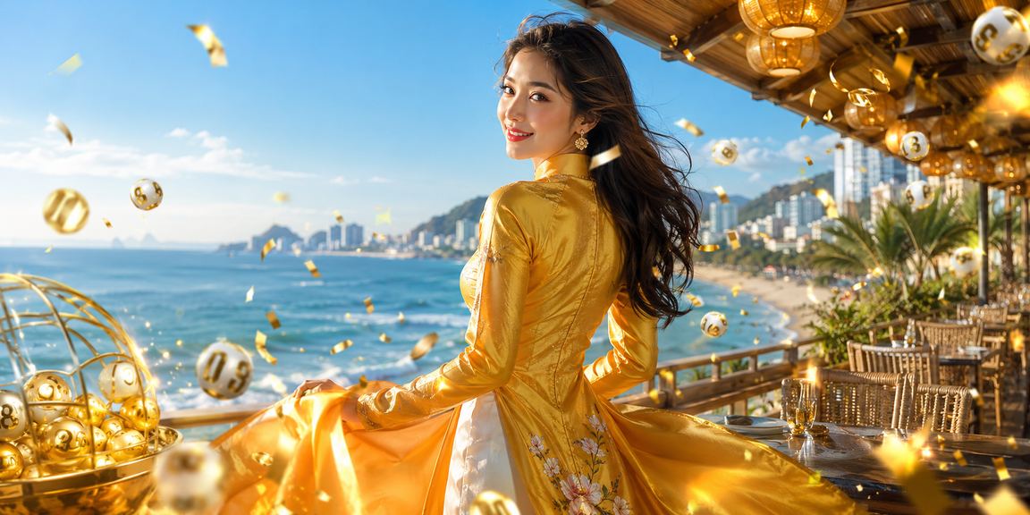 Người phụ nữ áo dài tại Vũng Tàu kiểm tra kết quả xổ số và jackpot trên điện thoại